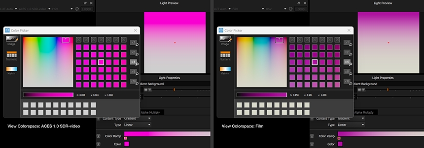 HDR Light Studio のインターフェースに影響する、2種類のビュー・カラースペースの表示