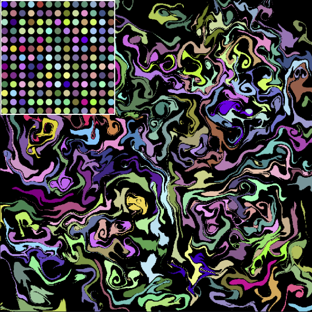 中周波の curl で、グリッド状の色ドットをワープ